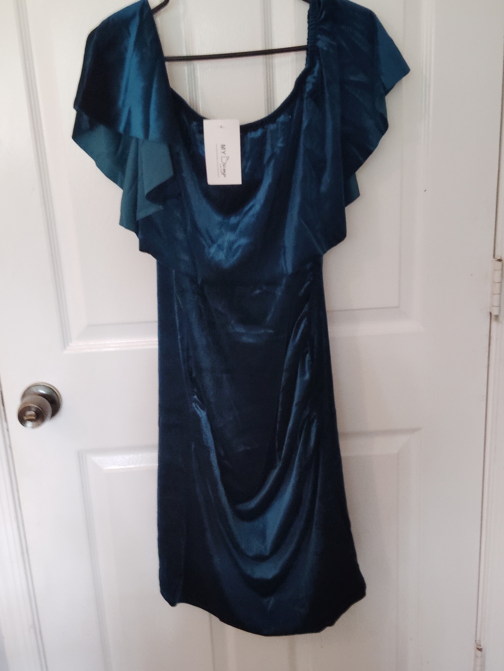 My Bump Maternity Dress Blue Sz L NWT Off The Shoulder Sleeves